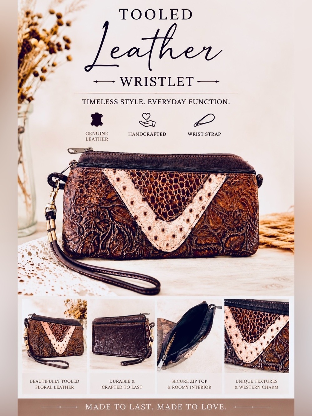 Genuine Leather Tooled Wristlet Wallet Clutch Ostrich Print Western Boho